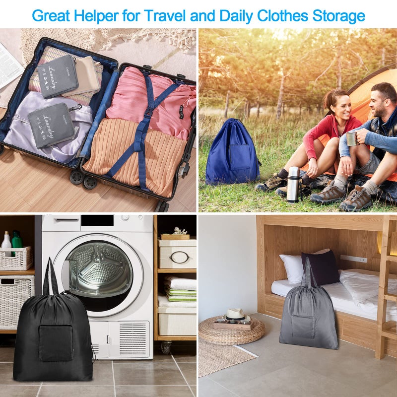 GOGOODA Travel Laundry Bags with Drawstring Closure XL Large Foldable Dirty Clothes bags with Handle Heavy Duty and Washable for College Dorm Travelling Camping, 2 Pack, Black & Grey - Image 2